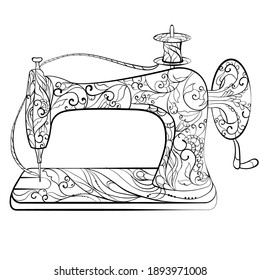 Drawing for coloring in zentangle style, drawing of a retro sewing machine, black line doodle image