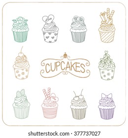 Drawing colors line vector of the nine cupcakes.
