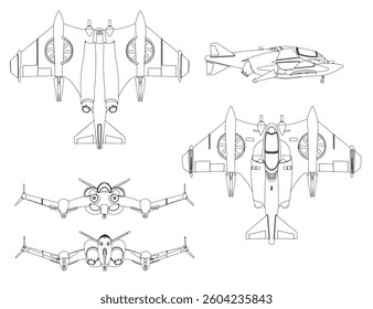 A drawing of a Combat fighter with a wing on the side. The plane is shown in different angles