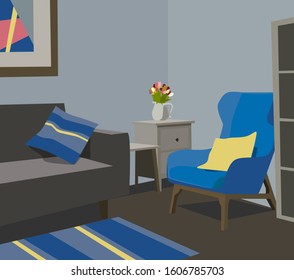 Drawing of comfortable corner of living room with sofa, armchair, small table and flowers. Made with colour of the year classic blue. Modern minimalistic interior. Vector illustration. 