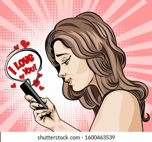 Drawing in a comic book style of a girl in profile with a smartphone received SMS from her beloved.