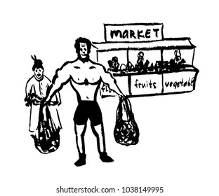 drawing of a comic cartoon picture pumped by an athletic man helps to carry bags from the market to an elderly woman, sketch, hand-drawn vector illustration