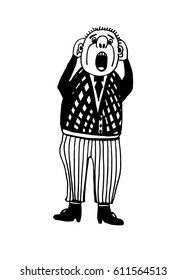 Drawing comic character man in horror screaming, sketch manually painted vector illustration