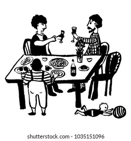 drawing of a comic image of a family of four, mom, dad and two sons celebrating a family holiday at a laid table, sketch, hand-drawn vector illustration