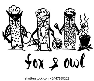 drawing comic picture of a fox and an owl in cook clothes with pans and dishes in hand, a sketch. a hand-drawn ink cartoon vector illustration.