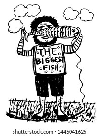 drawing comic picture isolated, a man shows a big fish he caught, a sketch by hand drawn in ink vector illustration