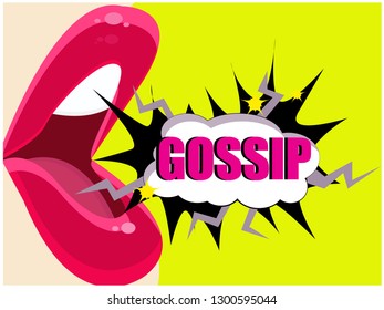 Drawing from comics. Pop art style. Lips and a cloud for text. Beautiful girl lips. Open mouth. An interesting solution for advertising. Text: "gossip". Lips and saying "gossip"