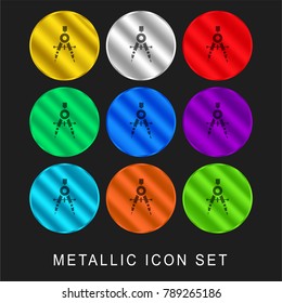 Drawing compass 9 color metallic chromium icon or logo set including gold and silver