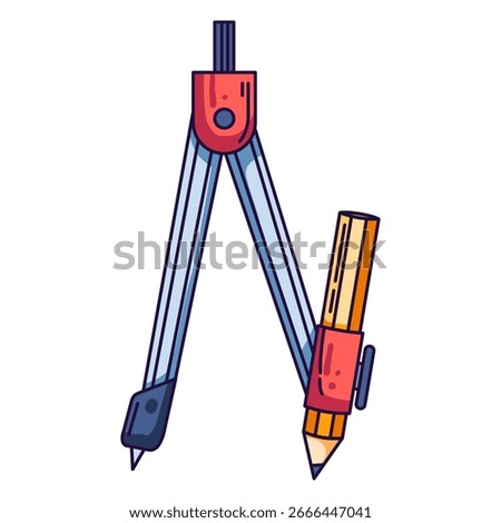 Drawing compass with attached pencil and metal tips. Cartoon style with bold outlines—ideal for geometry class, drafting, engineering, architecture, and school stationery designs.