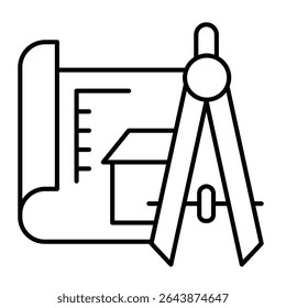 Drawing compass and house project thin line icon, architect studio concept. Vector graphics. Compass with building plan sign on white background, style mobile or design