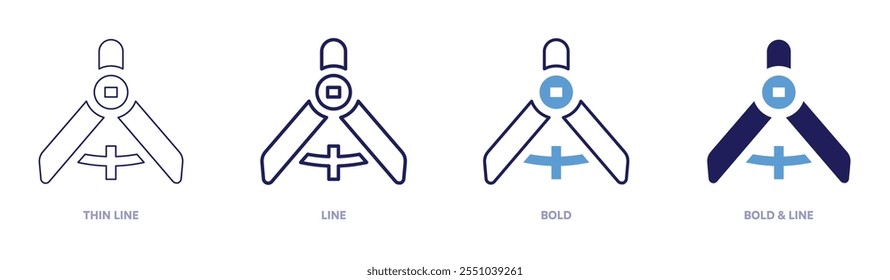 Ícone de compasso de desenho em 4 estilos diferentes. Linha fina, Linha, Negrito e Linha Negrito. Estilo duotônico. Traçado editável.