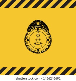 drawing compass icon black grunge emblem inside yellow warning sign. Vector Illustration. Detailed.