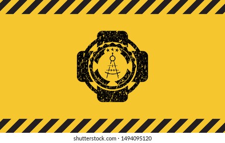 drawing compass icon black grunge emblem inside yellow warning sign. Vector Illustration. Detailed.