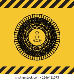 drawing compass icon black grunge emblem with yellow background. Vector Illustration. Detailed.