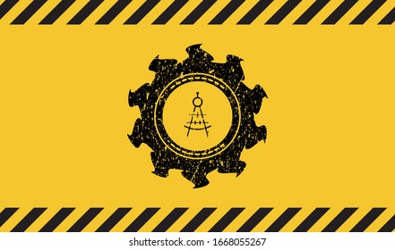 emblema negro de la brújula de dibujo dentro del signo de advertencia amarillo. Ilustración vectorial. Detallado.