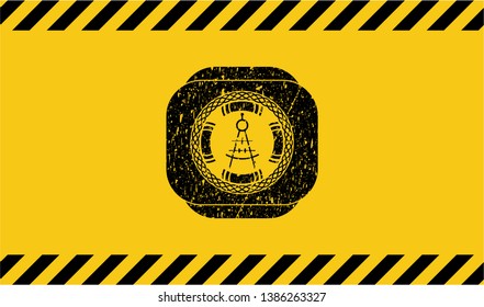drawing compass icon grunge black emblem with yellow background, warning sign. Vector Illustration. Detailed.