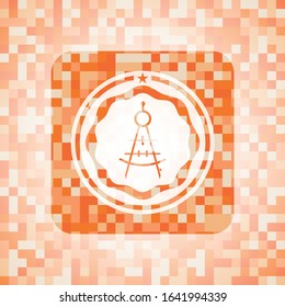 drawing compass icon inside abstract emblem, orange mosaic background