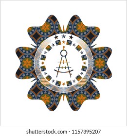 drawing compass icon inside arabesque badge background. arabic decoration.