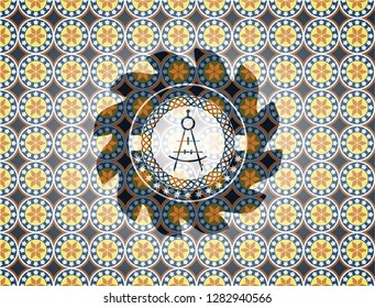 drawing compass icon inside arabesque style emblem. arabic decoration.