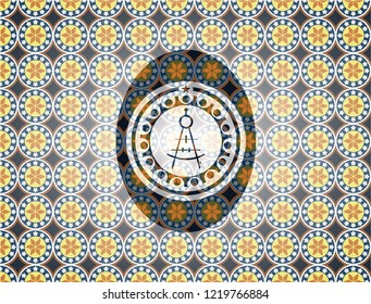 drawing compass icon inside arabic style badge. Arabesque decoration.