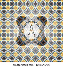 drawing compass icon inside arabic badge background. Arabesque decoration.