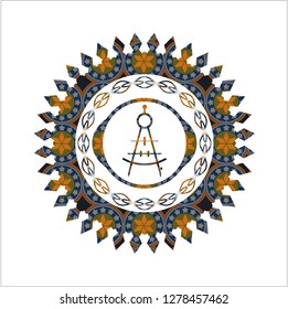 drawing compass icon inside arabic emblem. Arabesque decoration.
