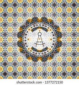 drawing compass icon inside arabic emblem background. Arabesque decoration.