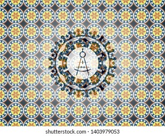 drawing compass icon inside arabic emblem background. Arabesque decoration.