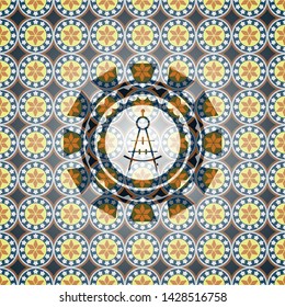 drawing compass icon inside arabic style emblem. Arabesque decoration.
