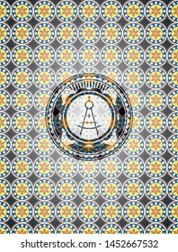 drawing compass icon inside arabic style emblem. Arabesque decoration.