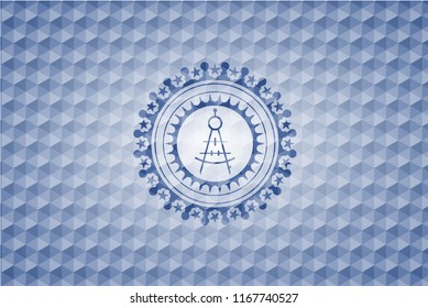 drawing compass icon inside blue polygonal emblem.