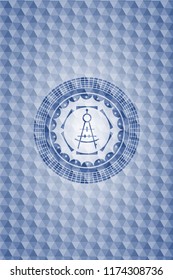 drawing compass icon inside blue emblem or badge with abstract geometric polygonal pattern background.