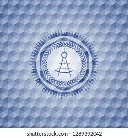 drawing compass icon inside blue emblem with geometric background.