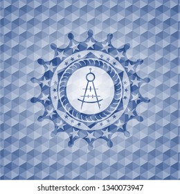 drawing compass icon inside blue emblem with geometric background.