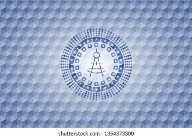 drawing compass icon inside blue badge with geometric background.
