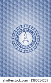 drawing compass icon inside blue emblem or badge with geometric pattern background.