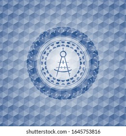 drawing compass icon inside blue emblem with geometric background.