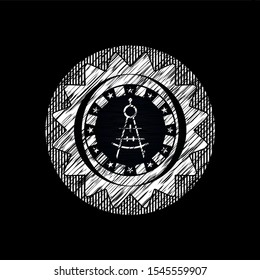 drawing compass icon inside chalkboard emblem on black board