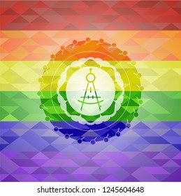 drawing compass icon inside emblem on mosaic background with the colors of the LGBT flag