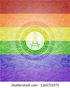 drawing compass icon inside emblem on mosaic background with the colors of the LGBT flag