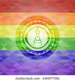 drawing compass icon inside emblem on mosaic background with the colors of the LGBT flag