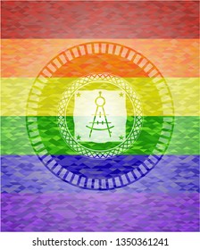 drawing compass icon inside emblem on mosaic background with the colors of the LGBT flag