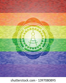 drawing compass icon inside emblem on mosaic background with the colors of the LGBT flag
