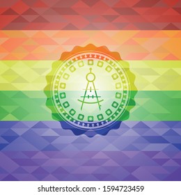 drawing compass icon inside emblem on mosaic background with the colors of the LGBT flag