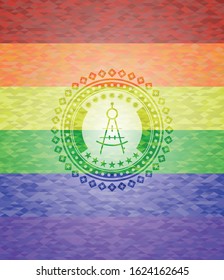 drawing compass icon inside emblem on mosaic background with the colors of the LGBT flag