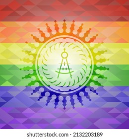drawing compass icon inside emblem on mosaic background with the colors of the LGBT flag. 