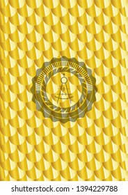 drawing compass icon inside gold badge. Scales pattern. Vector Illustration. Detailed.