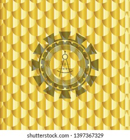 drawing compass icon inside gold badge or emblem. Scales pattern. Vector Illustration. Detailed.