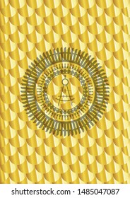 drawing compass icon inside gold shiny badge. Scales pattern. Vector Illustration. Detailed.