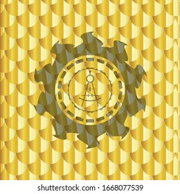 drawing compass icon inside gold badge. Scales pattern. Vector Illustration. Detailed.